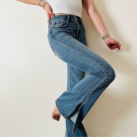 Willow & root the flared out high rise blue denim jeans side slits - Picture 4 of 14